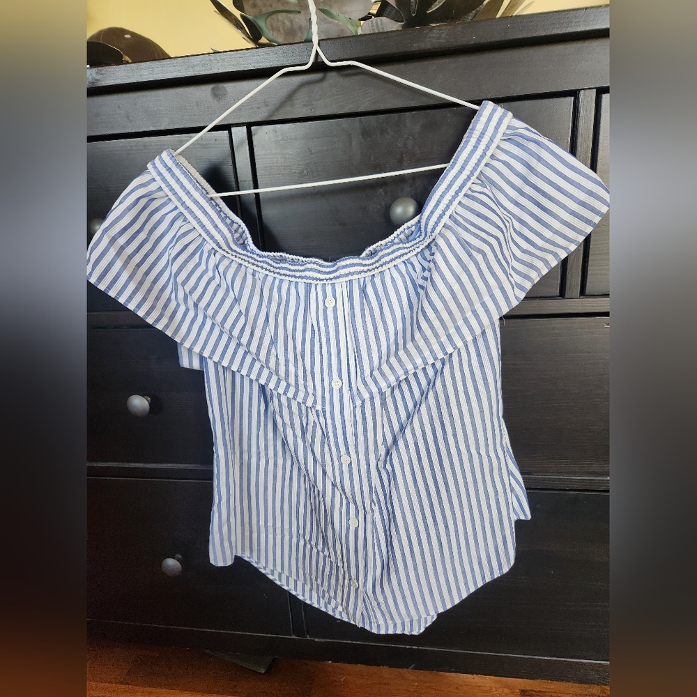 Veronica Beard Blue and White Striped One Piece with Ruffled Overlay